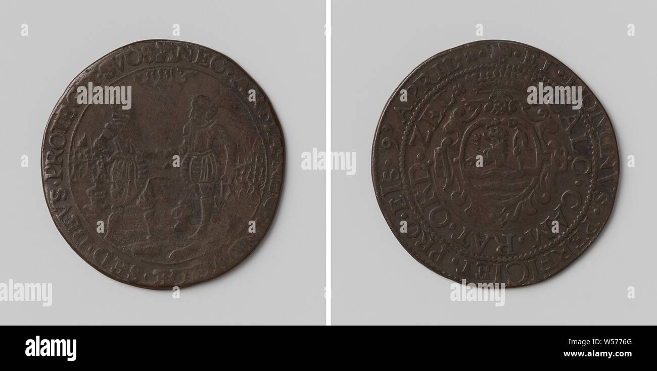 Fermeture de la trêve de Douze Ans entre la République et l'Espagne, jeton calcul facturé par ordre de la Zélande audit office, jeton en cuivre. Avers : éclairé par la lumière céleste contenant le nom de Jéhovah en hébreu, deux hommes, représentant Maurits et Spinola, qui ont déposé leurs casques, se serrer la main, à l'arrière-plan les deux armées au sein d'un emballage. Inverse : couronné armoiries sur cartouche à l'intérieur de deux lignes, Zélande, Maurits (Prince d'Orange), Ambrogio Spinola (Marquis de los Balbases), Cour des comptes de la Zélande, anonyme, Middelburg, 1609, cuivre (métal), frappant Banque D'Images