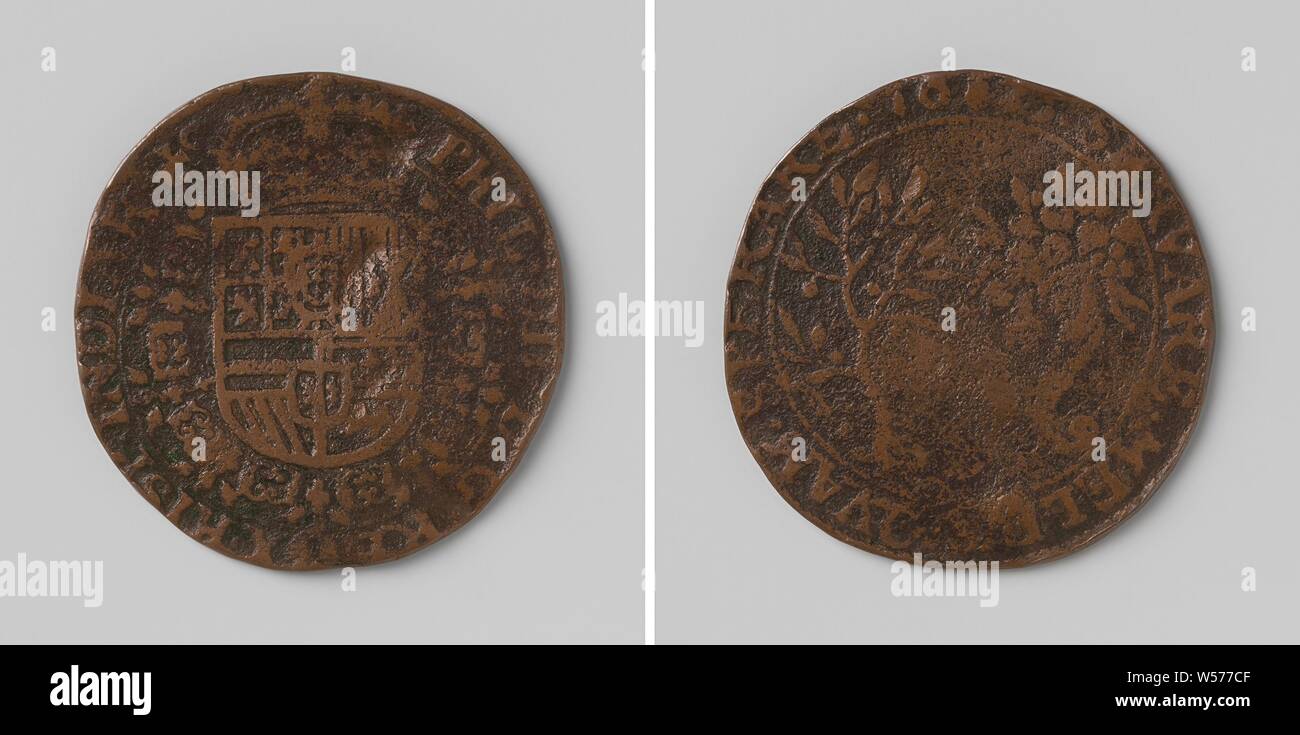 Philippe IV, roi d'Espagne, la médaille de cuivre. Avers : wpaenschild couronné, encerclant l'ordre de la Toison d'intérieur de la circonférence. Ar : arbre plein de fleurs et de fruits, en plus d'une corne de l'abondance à l'intérieur d'un couvercle, Philip IV (Roi de France), anonyme, Anvers, 1625, cuivre (métal), frappant (métallurgie), d 2,7 cm × w 4.18 Banque D'Images