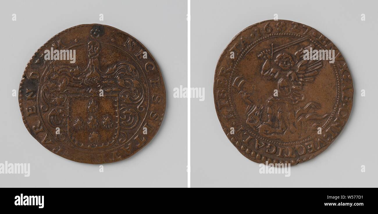 Ville de Bruxelles, comptés en l'honneur de jeton van der Noot, médaille de cuivre. Avers : armoiries casqué dans une inscription. Inverse : l'Archange Michael à l'épée posée au-dessus de sa tête dans la bataille avec un dragon allongé sur le sol à l'intérieur une inscription, Bruxelles, van der Noot, anonyme, Belgique, 1627, cuivre (métal), frappant (métallurgie), d 2,9 cm × w 5.19 Banque D'Images