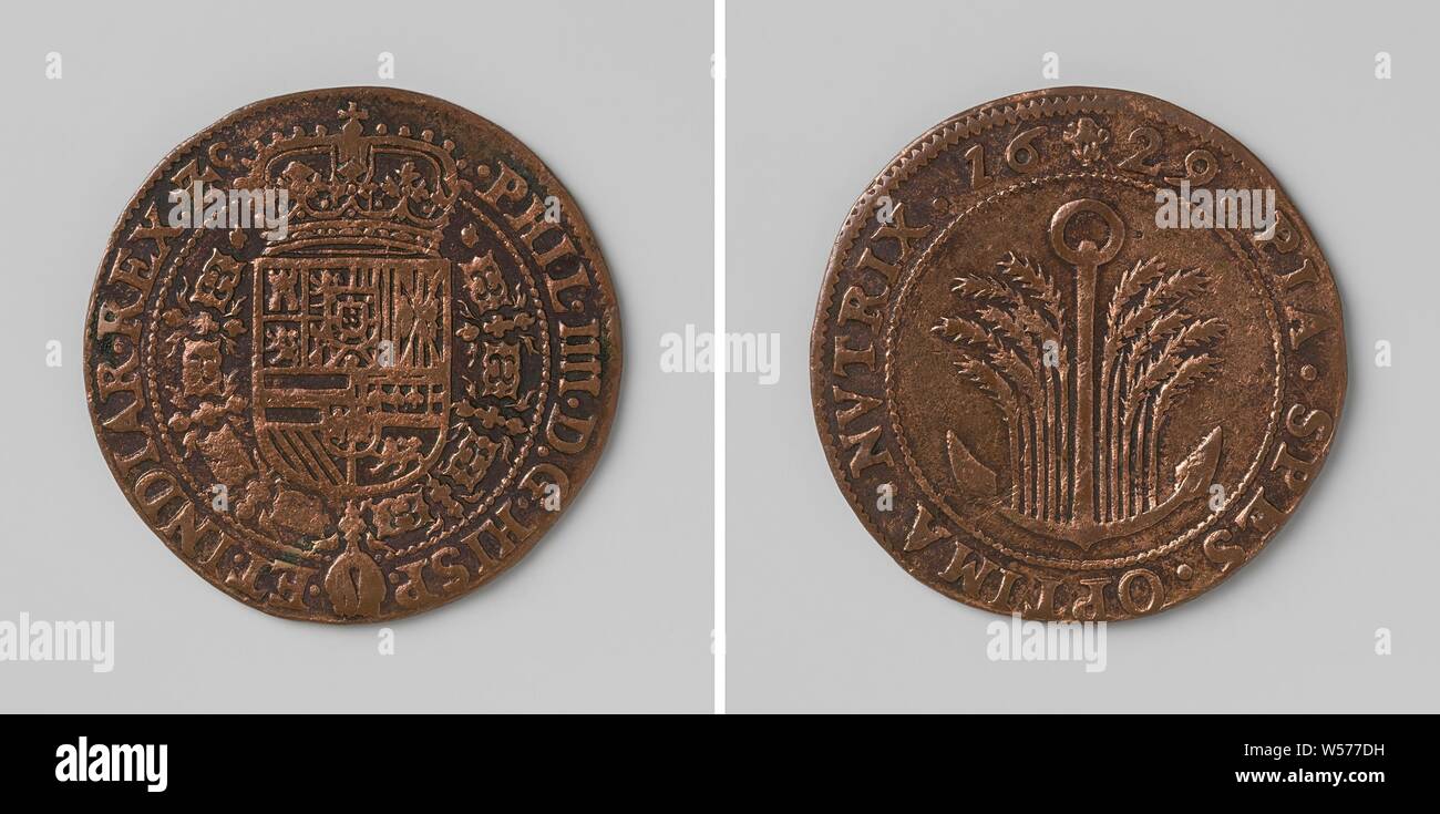 Philippe IV, roi d'Espagne, la médaille de cuivre. Avers : blason couronné, suspendu à l'ordre de la Toison d'intérieur de la circonférence. Inverse : l'ancre au milieu d'épis de maïs dans un cercle, Philip IV (Roi de France), anonyme, Bruxelles, 1629, cuivre (métal), frappant (métallurgie), d 2,8 cm × W 4,99 Banque D'Images
