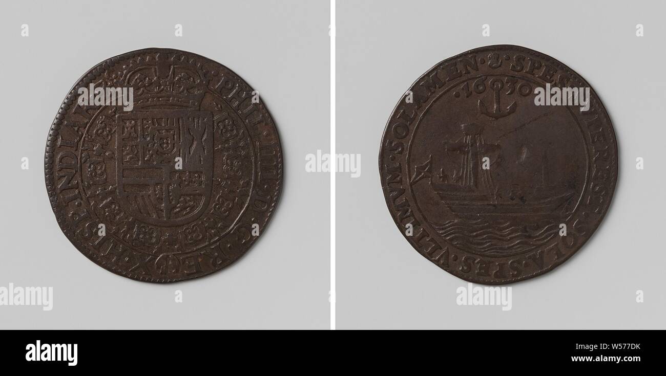 Sort des Pays-Bas du sud, comptant en l'honneur de la médaille de Philippe IV, roi d'Espagne, la médaille de cuivre. Avers : blason couronné, suspendu à l'ordre de la Toison d'intérieur de la circonférence. Inverse : navire sans mât ancré entre l'année au sein de la circonférence, Pays-Bas du Sud, Philip IV (Roi d'Espagne), anonyme, Anvers, 1630, cuivre (métal), frappant (métallurgie), d 2,9 cm × w 4.10 Banque D'Images