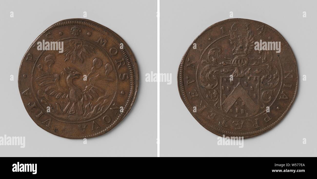 Jean de fourneau, magistrat de la médaille en cuivre, du trésor de Bruxelles. Avers : Phoenix rising des flammes, éclairé par les rayons de soleil à l'intérieur une inscription. Inverse : armoiries casqué dans un Bruxelles, anonyme, Bruxelles, Jan-1634, le cuivre (métal), frappant (métallurgie), d 3,1 cm × w 5.22 Banque D'Images