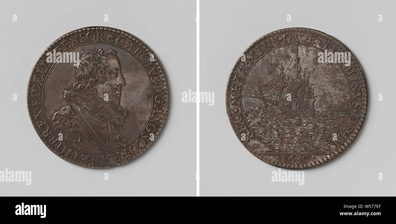 Différends avec Charles Ier, roi d'Angleterre sur la règle sur la mer, médaille d'argent. A l'avant : le buste de l'homme à l'intérieur de l'intérieur. Inverse : navire en mer dans le champ d'application, cut off : année, Charles Ier (Roi d'Angleterre), Nicolas Briot, Londres, 1630, de l'argent (métal), frappant (métallurgie), d 2,9 cm × W 5,87 Banque D'Images