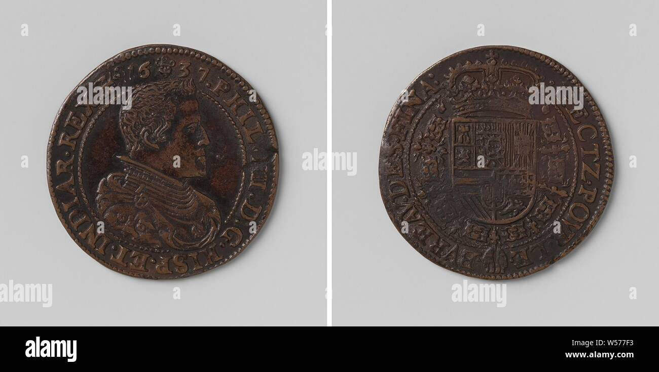 Philippe IV, roi d'Espagne, responsable chargé de jeton par ordre du conseil des finances, médaille de cuivre. A l'avant : le buste de l'homme à l'intérieur de l'intérieur. Inverse : blason couronné, suspendu à l'ordre de la Toison d'intérieur un enveloppement, Philip IV (Roi de France), Conseil des Finances, anonyme, Bruxelles, 1637, cuivre (métal), frappant (métallurgie), d 2,9 cm × w 5.29 Banque D'Images