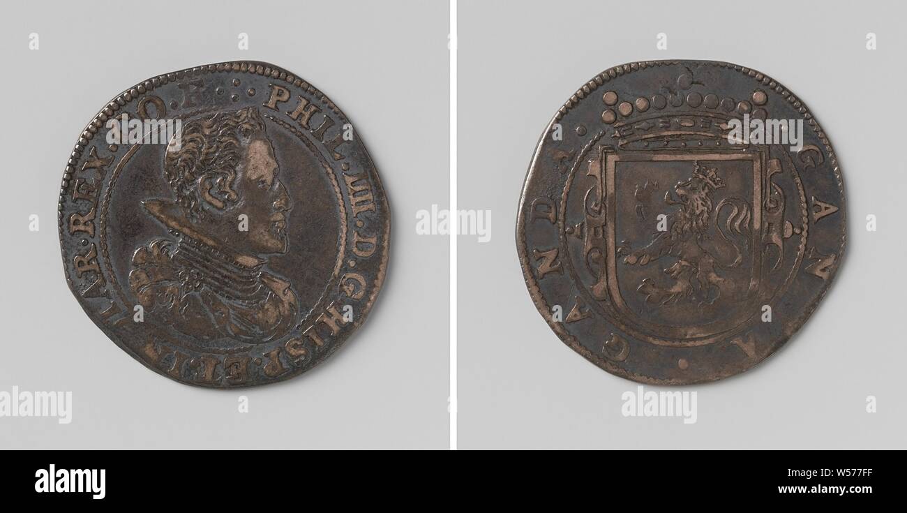 Philippe IV, roi d'Espagne, comptés par ordre de jeton sur la carte de la ville de Gand, la médaille d'argent. A l'avant : le buste de l'homme à l'intérieur de l'intérieur. Inverse : couronné armoiries en cartouche à l'intérieur d'un cercle, Gand, Philip IV (Roi de France), anonyme, Belgique, 1640, de l'argent (métal), frappant (métallurgie), d 2,9 cm × W 5,98 Banque D'Images