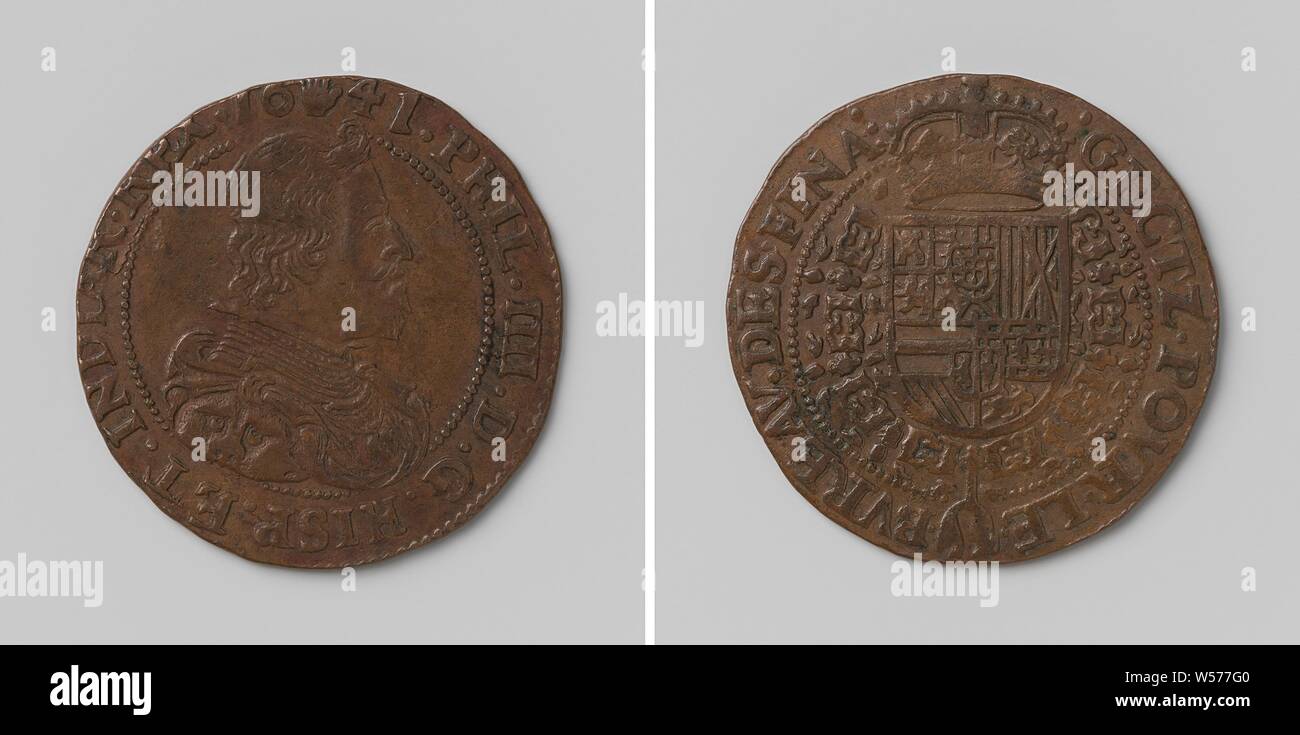 Philippe IV, roi d'Espagne, comptés par jeton ordonnance du Conseil des Finances, jeton en cuivre. A l'avant : le buste de l'homme à l'intérieur de l'intérieur. Inverse : blason couronné, suspendu à l'ordre de la Toison d'intérieur un enveloppement, Philip IV (Roi de France), Conseil des Finances, anonyme, Anvers, 1641, cuivre (métal), frappant (métallurgie), d 2,9 cm × w 6.26 Banque D'Images