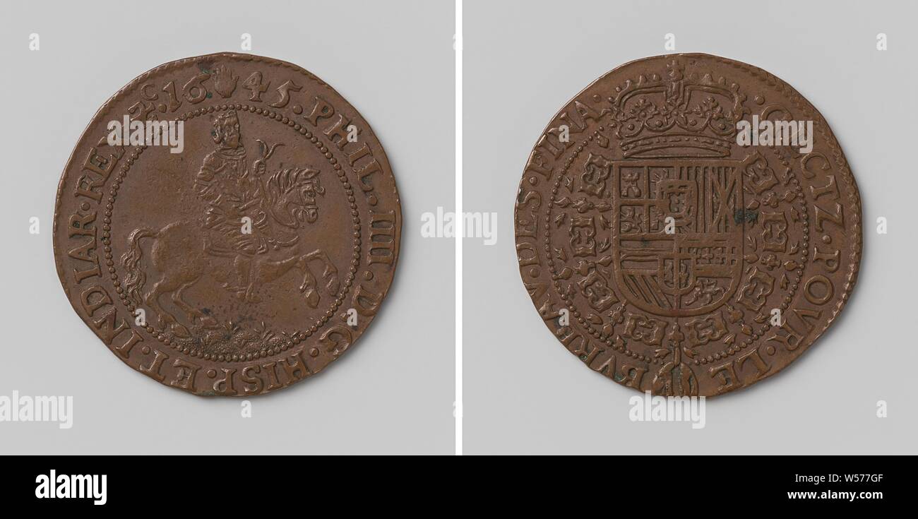 Philippe IV, roi d'Espagne, comptés par jeton ordonnance du Conseil des Finances, médaille de cuivre. A l'avant : cavalier à cheval avec le personnel de commandement dans la main à l'intérieur de la couverture. Inverse : blason couronné, suspendu à l'ordre de la Toison d'intérieur un enveloppement, Philip IV (Roi de France), Conseil des Finances, anonyme, Anvers, 1645, cuivre (métal), frappant (métallurgie), d 3 cm × W 5,65 Banque D'Images