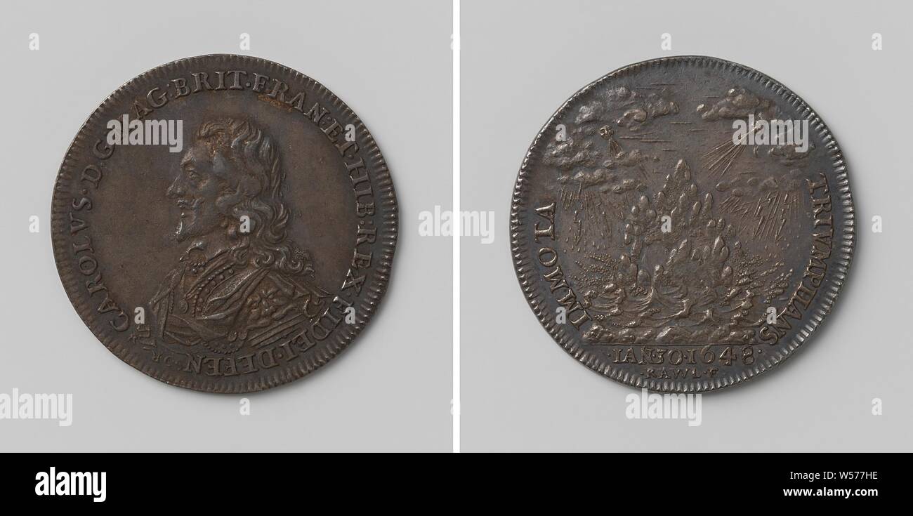 La décapitation de Charles Ier, roi d'Angleterre, médaille d'argent. A l'avant : le buste de l'homme à l'intérieur de l'intérieur. Inverse : vent, pluie, vagues et thunder, rock en mer dans un cercle, coupé : conférence et signature, l'Angleterre, Charles I (Roi d'Angleterre), Thomas Rawlins, 1649, de l'argent (métal), frappant (métallurgie), d 3 cm × W 7,68 Banque D'Images