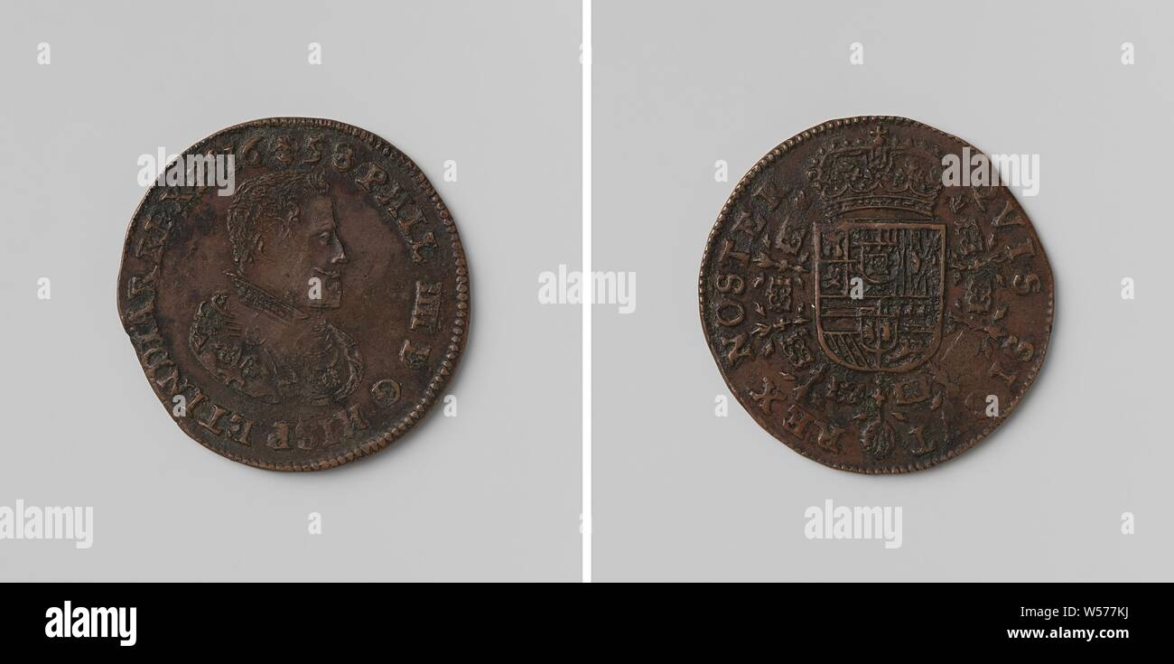 Philippe IV, roi d'Espagne, la médaille de cuivre. A l'avant : le buste de l'homme à l'intérieur de l'intérieur. Inverse : blason couronné, suspendu à l'ordre de la Toison d'au sein de l'inscription, Philip IV (Roi de France), anonyme, Bruxelles, 1658, cuivre (métal), frappant (métallurgie), d 3,1 cm × W 6,27 Banque D'Images