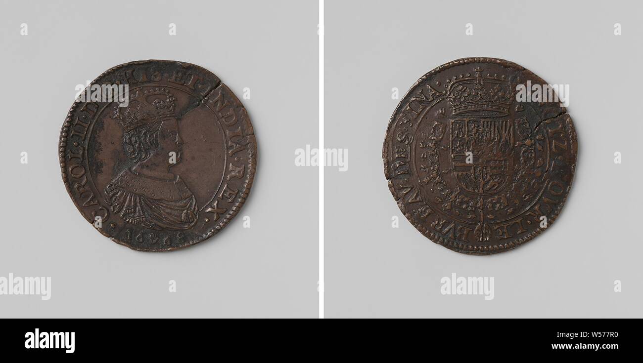Charles II, roi d'Espagne, comptés par jeton ordonnance du Conseil des Finances, médaille de cuivre. A l'avant : man's pièce de poitrine avec l'intérieur d'inscription. Verso : blason couronné, suspendu à l'ordre de la Toison d'dans circonférence, Charles II (Roi d'Espagne), Conseil des Finances, anonyme, Anvers, 1668, cuivre (métal), frappant (métallurgie), d 3,2 cm × W 5,92 Banque D'Images