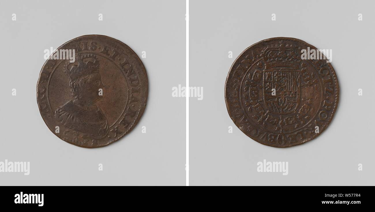 Charles II, roi d'Espagne, comptés par jeton ordonnance du Conseil des Finances, jeton en cuivre. A l'avant : man's pièce de poitrine avec l'intérieur d'inscription. Verso : blason couronné, suspendu à l'ordre de la Toison d'dans circonférence, Charles II (Roi d'Espagne), Conseil des Finances, anonyme, Anvers, 1668, cuivre (métal), frappant (métallurgie), d 3,1 cm × W 5,80 Banque D'Images