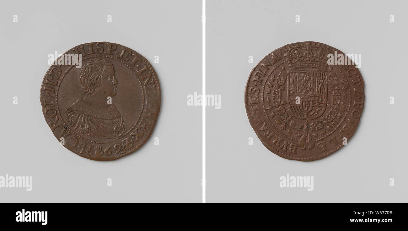 Charles II, roi d'Espagne, comptés par jeton ordonnance du Conseil des Finances, jeton en cuivre. A l'avant : le buste de l'homme à l'intérieur de l'intérieur. Verso : blason couronné, suspendu à l'ordre de la Toison d'dans circonférence, Charles II (Roi d'Espagne), Conseil des Finances, anonyme, Anvers, 1669, cuivre (métal), frappant (métallurgie), d 3,1 cm × W 65 Banque D'Images