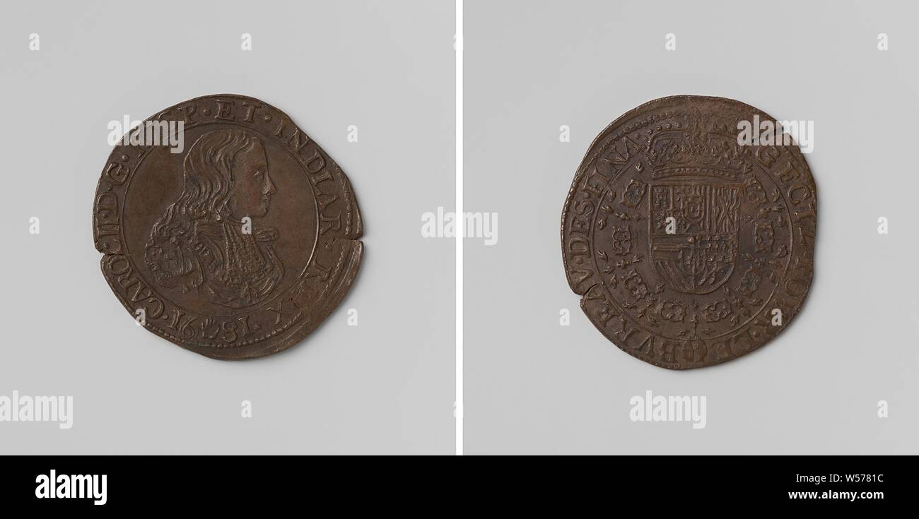 Charles II, roi d'Espagne, comptés par jeton ordonnance du Conseil des Finances, jeton en cuivre. A l'avant : le buste de l'homme à l'intérieur de l'intérieur. Verso : blason couronné, suspendu à l'ordre de la Toison d'dans circonférence, Charles II (Roi d'Espagne), Conseil des Finances, anonyme, Anvers, 1681, cuivre (métal), frappant (métallurgie), d 3,1 cm × W 6,71 Banque D'Images