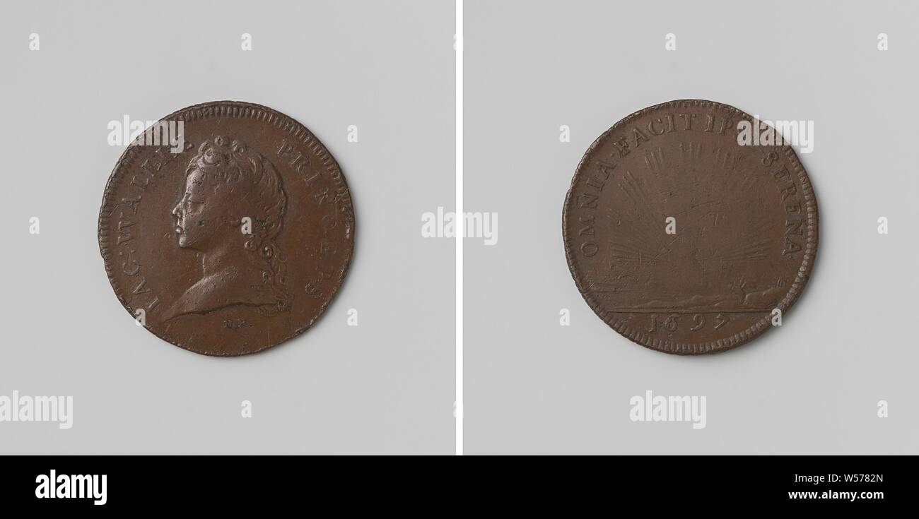 James, Prince de Galles, médaille de cuivre. A l'avant : le buste de l'homme à l'intérieur de l'intérieur. Inverse : soleil levant au-dessus de mer calme dans un cercle, coupé : année, Jacobus Frans Eduard Stuart (Prince de Galles), Norbert Roettiers, France, 1697, cuivre (métal), frappant (métallurgie), d 2,5 cm × w 4.21 Banque D'Images