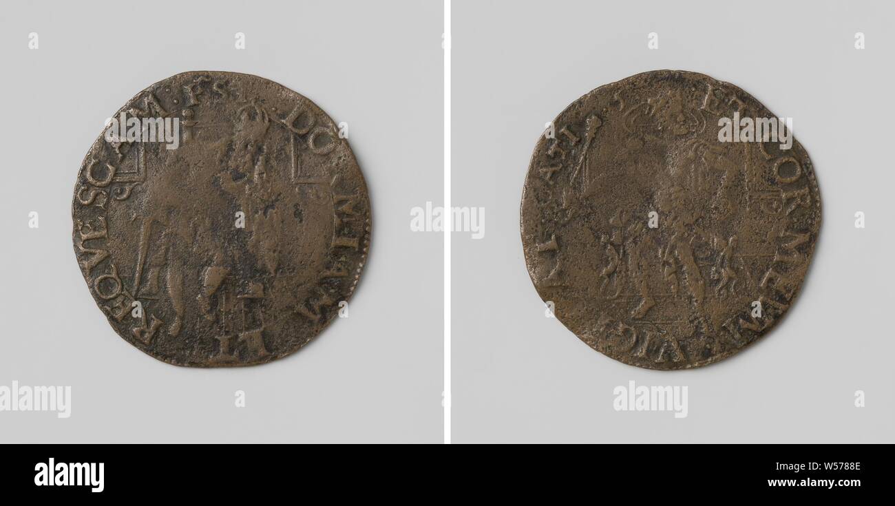Vigilance de Charles V, l'empereur allemand, médaille de cuivre. A l'avant : portrait de Charles V, à l'épée en main droite dormir sur du président dans une inscription. Inverse : portrait de Charles V, avec sceptre en main droite passée d'une chaise à l'intérieur d'un couvercle, Charles V de Habsbourg (l'empereur allemand et Roi d'Espagne), anonyme, 1544, cuivre (métal), frappant (métallurgie), d 2,8 cm × W 3,81 Banque D'Images