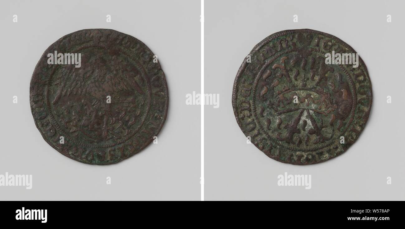 Réunion du chapitre de l'ordre de la Toison d'à Malines, comptage de monnaie pour la monnaie de Flandre, pièce de cuivre. A l'avant : phoenix, passant de flammes. Inverse : croix bourguignonne au sein de couronne, à l'intérieur de la circonférence, Malines, l'ordre de la Toison d'or, anonyme, Vlaanderen, 1491, cuivre (métal), frappant (métallurgie), d 2,9 cm × W 3,60 Banque D'Images