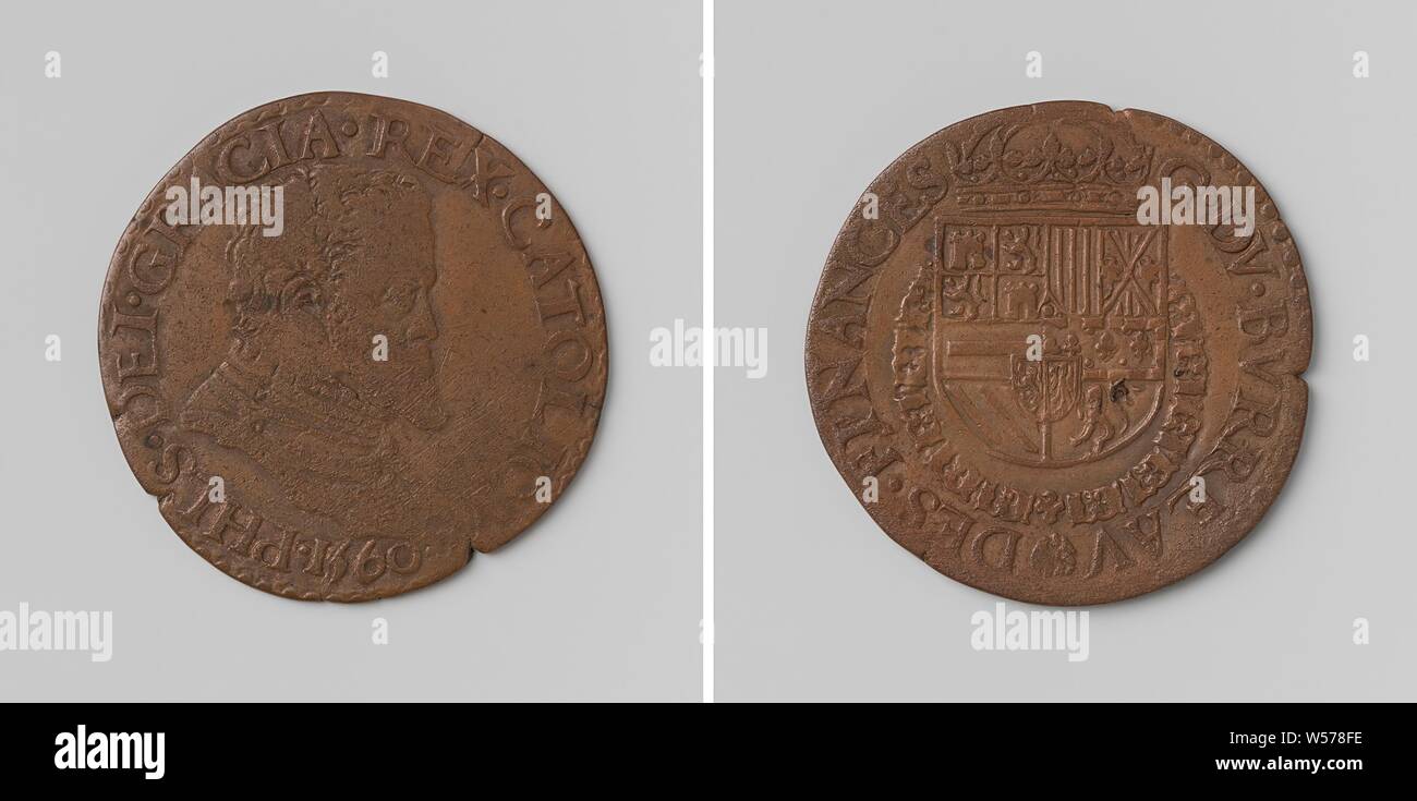 Philippe II, roi d'Espagne, calcul de la médaille du Conseil Supérieur des Finances, médaille de cuivre. A l'avant : le buste de l'homme à l'intérieur de l'intérieur. Inverse : couronné armoiries traîner autour de l'ordre de la Toison d'une inscription à l'intérieur, Philippe II (Roi d'Espagne), Elisabeth de Valois (la reine d'Espagne), Conseil des Finances, anonyme, 1560, cuivre (métal), frappant (métallurgie), d 2,9 cm × W 56 Banque D'Images