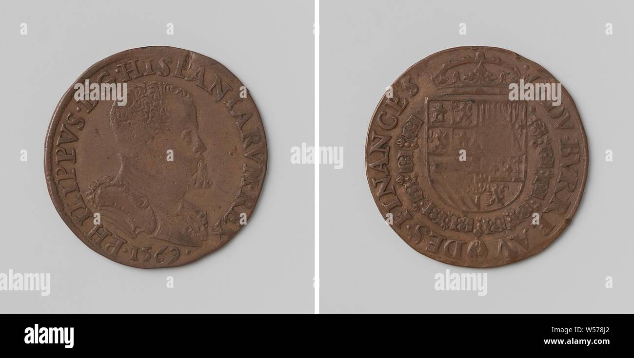 Philippe II, roi d'Espagne, le calcul de la médaille du Conseil Supérieur des Finances, médaille de cuivre. A l'avant : le buste de l'homme à l'intérieur de l'intérieur. Inverse : blason couronné, suspendu à l'ordre de la Toison d'intérieur un enveloppement, Philippe II (Roi d'Espagne), Conseil des Finances, anonyme, 1567, cuivre (métal), frappant (métallurgie), d 2,9 cm × W 4,67 Banque D'Images