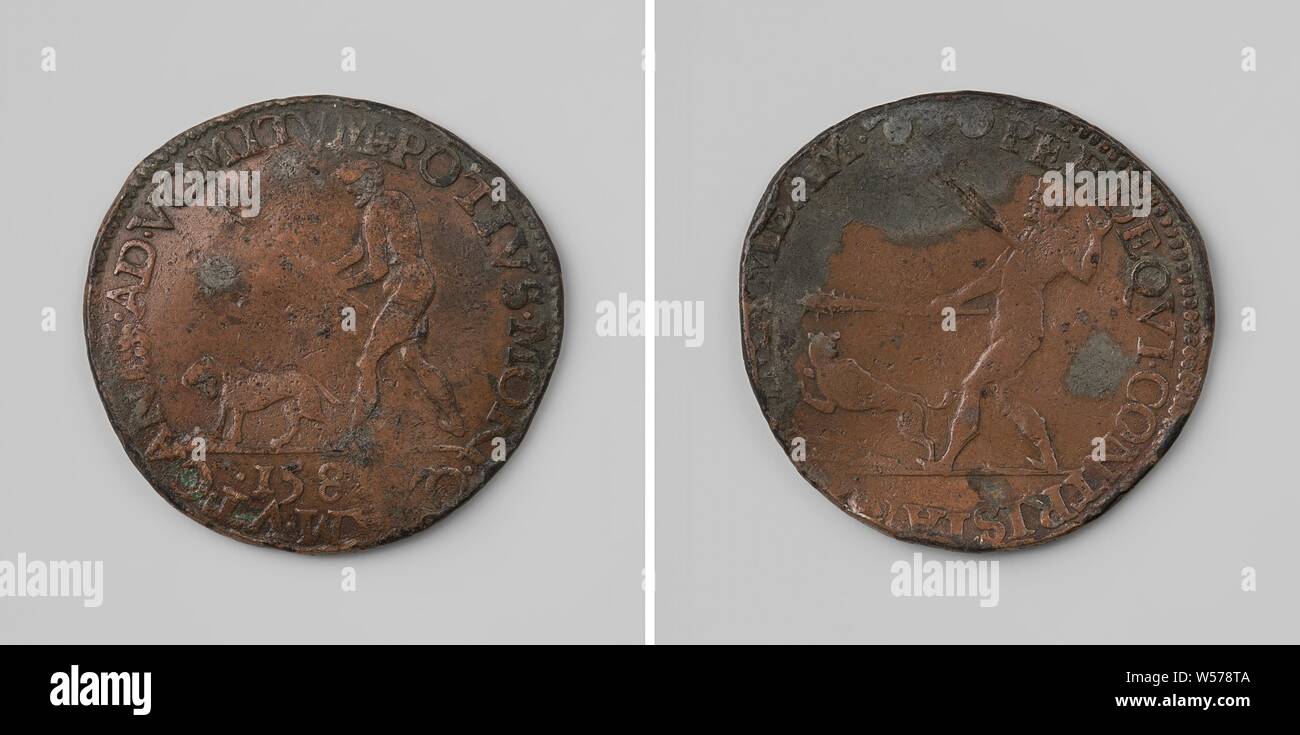 Allégorie sur la renonciation par les États généraux de Philippe II, roi d'Espagne en tant que seigneur des Pays-Bas, médaille de cuivre. Avers : l'homme avec l'étoile du matin dans la main tente d'imposer à chien à manger à nouveau ce qu'il a vomi dans le champ, débit - coupe : an. Inverse : l'homme avec l'étoile du matin dans la main est frappé par la flèche de nuages dans la poitrine, tandis que la circonférence, chien fuit dans les Pays-Bas, Philippe II (Roi d'Espagne), États Généraux, Gerard van Bylaer, Dordrecht, 1581, cuivre (métal), frappant (métallurgie), d 3 cm × W 5,70 Banque D'Images