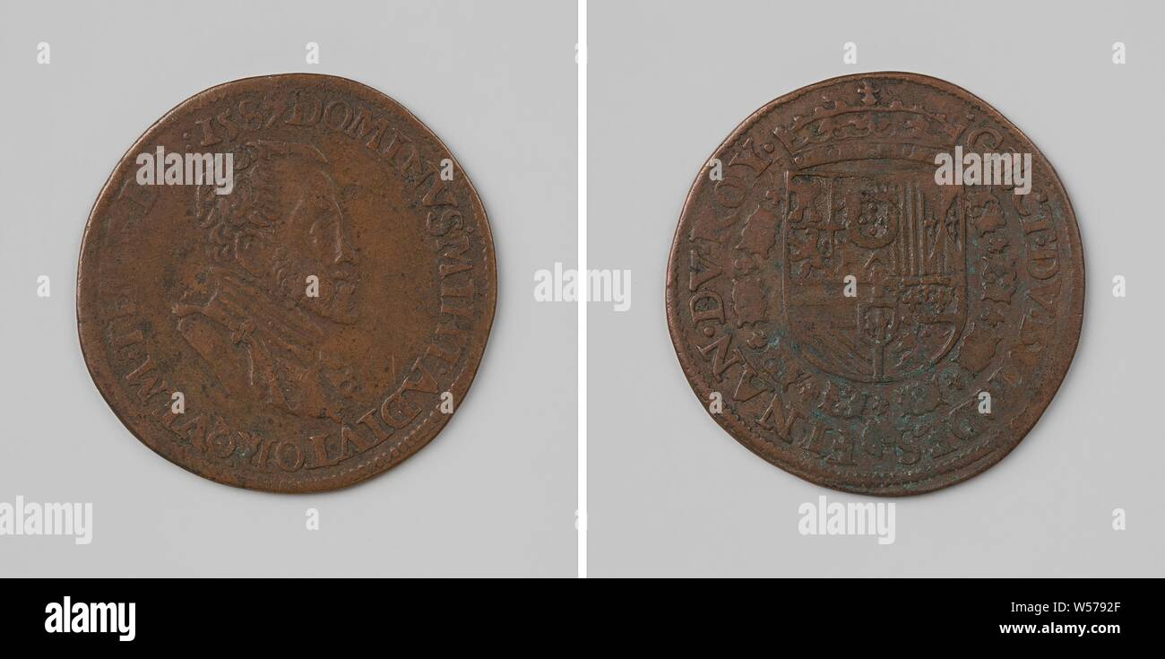 Philippe II, roi d'Espagne, calcul de la médaille du Conseil Supérieur des Finances, médaille de cuivre. A l'avant : le buste de l'homme à l'intérieur de l'intérieur. Inverse : blason couronné, suspendu à l'ordre de la Toison d'intérieur un enveloppement, Philippe II (Roi d'Espagne), Conseil des Finances, anonyme, 1587, cuivre (métal), frappant (métallurgie), d 2,9 cm × W 4,72 Banque D'Images