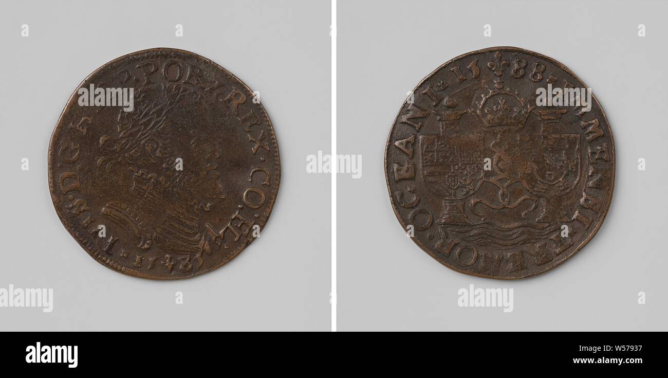 Départ de l'armada espagnole, en comptant en l'honneur de la médaille de Philippe II, roi d'Espagne, la médaille de cuivre. Avers : pièce de poitrine avec couronne de laurier à l'intérieur une inscription. Marche arrière : Deux blasons, chacune sur une des colonnes d'Hercule, à égalité avec ruban sous couronne à l'intérieur inscription, Philippe II (Roi d'Espagne), anonyme, 1585 - 1588, le cuivre (métal), frappant (métallurgie), d 2,8 cm × W 4,67 Banque D'Images