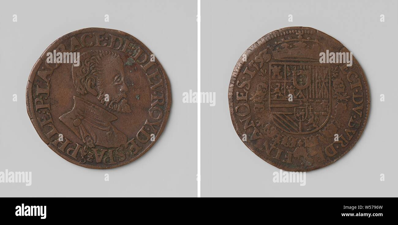 Philippe II, roi d'Espagne, calcul de la médaille du Conseil Supérieur des Finances, médaille de cuivre. A l'avant : le buste de l'homme à l'intérieur de l'intérieur. Inverse : blason couronné, suspendu à l'ordre de la Toison d'intérieur un enveloppement, Philippe II (Roi d'Espagne), Conseil des Finances, anonyme, Anvers, 1593, cuivre (métal), frappant (métallurgie), d 3 cm × w 4.54 Banque D'Images
