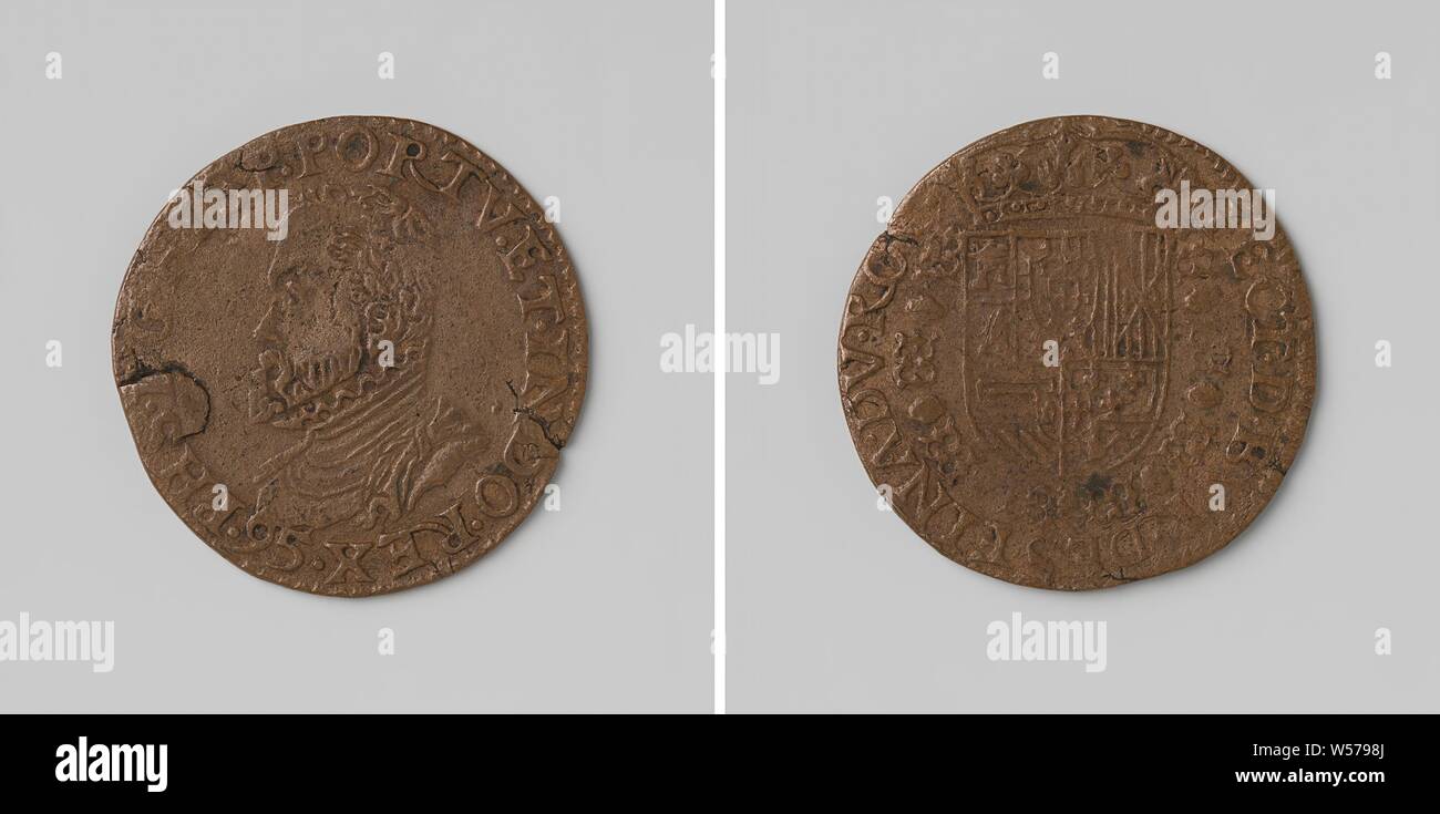 Philippe II, roi d'Espagne, calcul de la médaille du Conseil Supérieur des Finances, médaille de cuivre. A l'avant : le buste de l'homme à l'intérieur de l'intérieur. Inverse : blason couronné, suspendu à l'ordre de la Toison d'intérieur un enveloppement, Philippe II (Roi d'Espagne), Conseil des Finances, anonyme, Belgique, 1595, cuivre (métal), frappant (métallurgie), d 2,8 cm × W 3,99 Banque D'Images