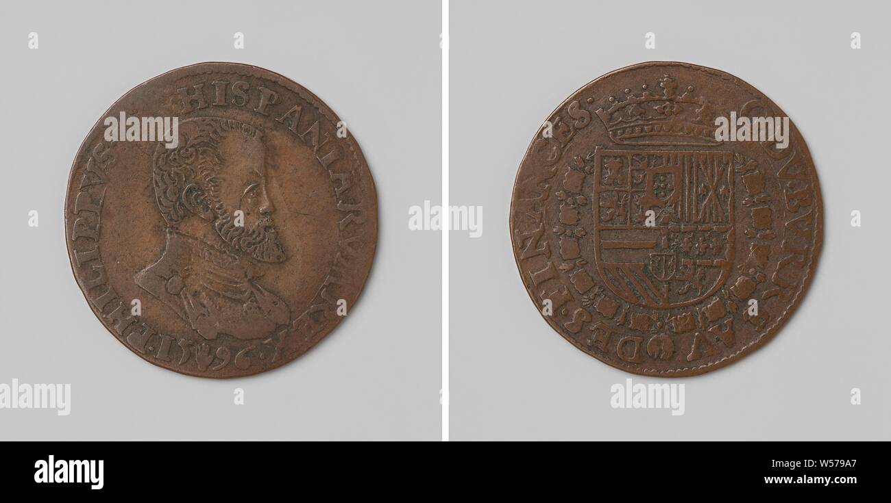 Philippe II, roi d'Espagne, calcul de la médaille du Conseil Supérieur des Finances, médaille de cuivre. A l'avant : le buste de l'homme à l'intérieur de l'intérieur. Inverse : blason couronné, suspendu à l'ordre de la Toison d'intérieur un enveloppement, Philippe II (Roi d'Espagne), Conseil des Finances, anonyme, Anvers, 1596, cuivre (métal), frappant (métallurgie), d 2,9 cm × W 4,75 Banque D'Images