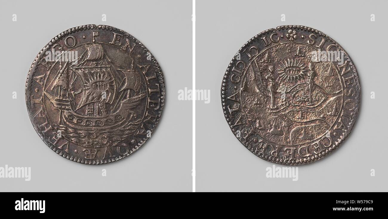 L'Amiral van der Does de voyage aux îles Canaries, médaille d'argent. A l'avant : navire Argo, sur grand-voile : nom de Jéhovah en hébreu dans un cercle. Inverse : carte de la région autour de Prague et tiel, sur elle deux images, entre lesquels le nom de Jéhovah est écrit en hébreu dans une couronne de rayons dans un cercle, Canaries, Zaltbommel, Tiel, Pieter van der Does, Maurits (Prince d'Orange), anonyme, Dordrecht, 1599, de l'argent (métal), frappant (métallurgie), d 2,9 cm × w 6.17 Banque D'Images L'Amiral van der Does de voyage aux îles Canaries, médaille d'argent. A l'avant : navire Argo, sur grand-voile : nom de Jéhovah en hébreu dans un cercle. Inverse : carte de la région autour de Prague et tiel, sur elle deux images, entre lesquels le nom de Jéhovah est écrit en hébreu dans une couronne de rayons dans un cercle, Canaries, Zaltbommel, Tiel, Pieter van der Does, Maurits (Prince d'Orange), anonyme, Dordrecht, 1599, de l'argent (métal), frappant (métallurgie), d 2,9 cm × w 6.17 Banque D'Images