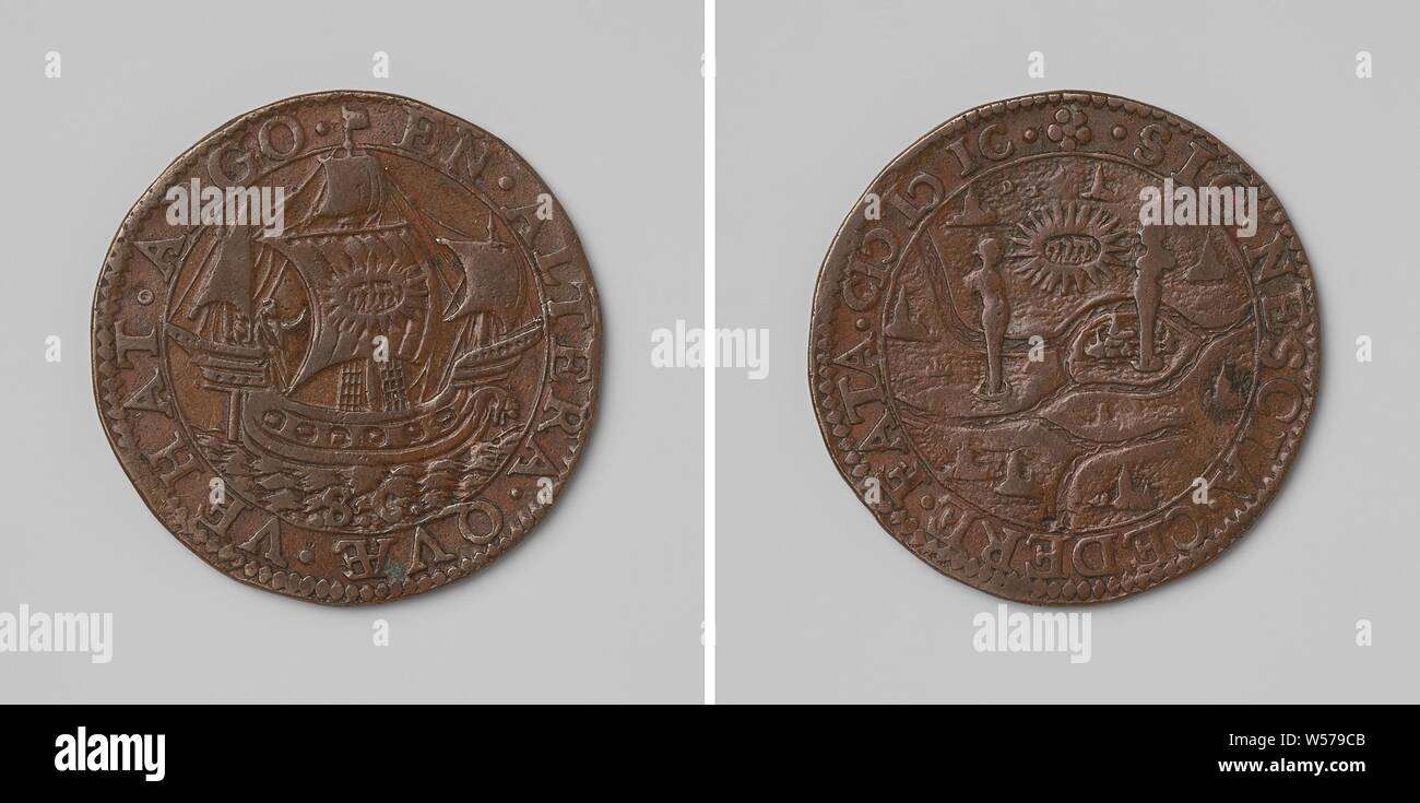 L'Amiral van der Does de voyage aux îles Canaries, médaille de cuivre. A l'avant : navire Argo, sur grand-voile : nom de Jéhovah en hébreu dans un cercle. Inverse : carte de la région autour de Prague et tiel, sur elle deux images, entre lesquels le nom de Jéhovah est écrit en hébreu dans une couronne de rayons dans un cercle, Canaries, Zaltbommel, Tiel, Pieter van der Does, Maurits (Prince d'Orange), anonyme, Dordrecht, 1599, cuivre (métal), frappant (métallurgie), d 3 cm × W 5,77 Banque D'Images L'Amiral van der Does de voyage aux îles Canaries, médaille de cuivre. A l'avant : navire Argo, sur grand-voile : nom de Jéhovah en hébreu dans un cercle. Inverse : carte de la région autour de Prague et tiel, sur elle deux images, entre lesquels le nom de Jéhovah est écrit en hébreu dans une couronne de rayons dans un cercle, Canaries, Zaltbommel, Tiel, Pieter van der Does, Maurits (Prince d'Orange), anonyme, Dordrecht, 1599, cuivre (métal), frappant (métallurgie), d 3 cm × W 5,77 Banque D'Images