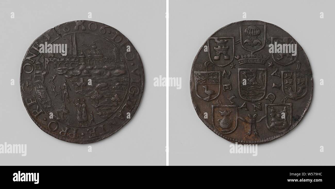 L'aide divine pour les rebelles, médaille de cuivre. Avers : route achalandée menant à la ville dans un cercle. Inverse : blason couronné dans une inscription et la bordure des sept-ruban lié des armoiries, Zeeland, membres de la Zélande, anonyme, Middelburg, 1606, cuivre (métal), frappant (métallurgie), d 3 cm × W 64 Banque D'Images L'aide divine pour les rebelles, médaille de cuivre. Avers : route achalandée menant à la ville dans un cercle. Inverse : blason couronné dans une inscription et la bordure des sept-ruban lié des armoiries, Zeeland, membres de la Zélande, anonyme, Middelburg, 1606, cuivre (métal), frappant (métallurgie), d 3 cm × W 64 Banque D'Images