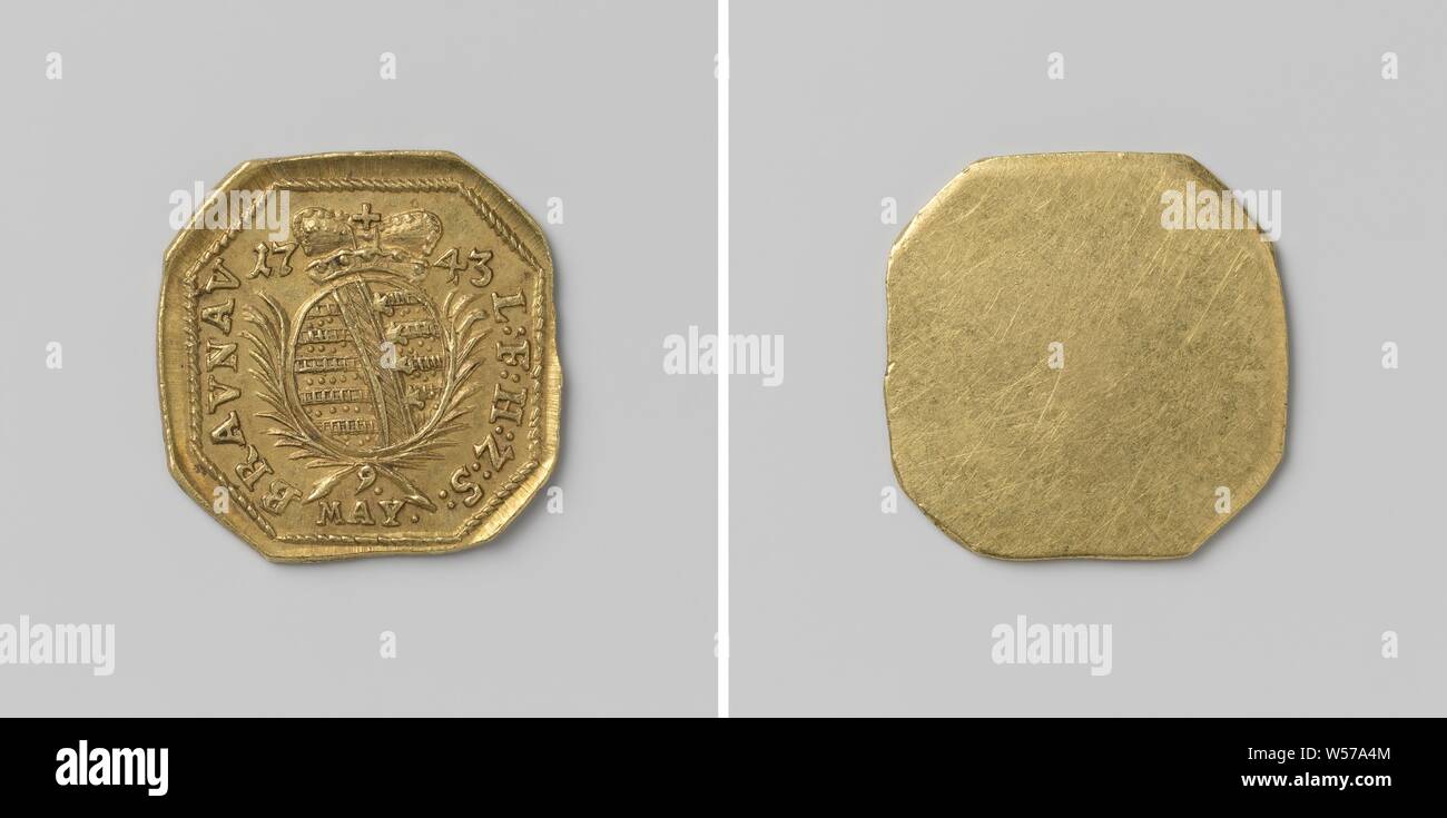 Siège de Braunau par les Autrichiens, une face d'urgence carré coin avec coins biseautés. Avers : blason couronné entre l'année au sein de la molette et le texte. Inverse : vierge, Braunau-am-Inn, anonyme, 1743, de l'or (métal), frappant (métallurgie), h 1,8 cm × 1,8 cm × w w 3.42 Banque D'Images