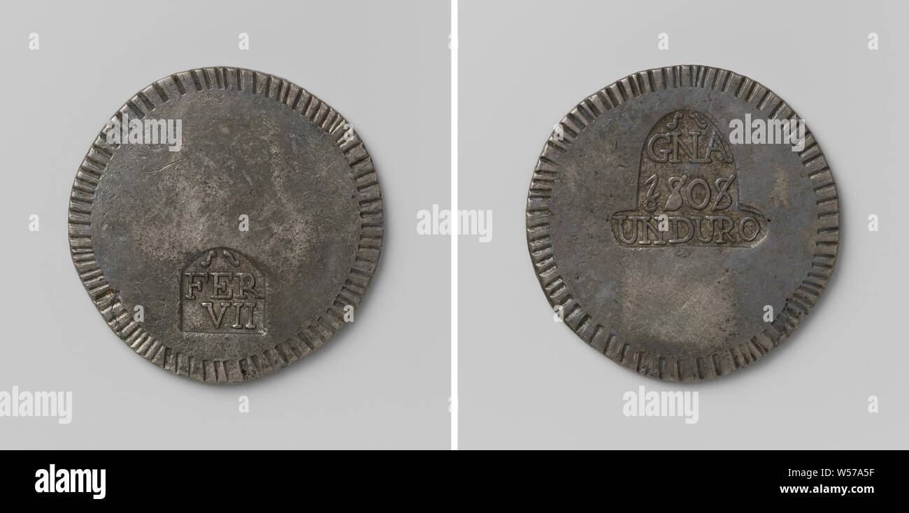 Duro, siège de Barcelone par les Français, d'urgence coin frappé par Ferdinand VII, roi d'Espagne, avers : ci-dessous : stamp avec l'inscription 'FER VII' ci-dessus que l'espace vide à l'intérieur de cadre ombré. Inverse : sur le côté supérieur : stamp avec l'inscription : 'ONU 1808605 Duro', ci-dessous c'est une zone vide à l'intérieur d'un cadre ombré, Gérone, Ferdinand VII (Roi d'Espagne), anonyme, 1808, de l'argent (métal), frappant (métallurgie), d 4 cm × W 26,31 Banque D'Images Duro, siège de Barcelone par les Français, d'urgence coin frappé par Ferdinand VII, roi d'Espagne, avers : ci-dessous : stamp avec l'inscription 'FER VII' ci-dessus que l'espace vide à l'intérieur de cadre ombré. Inverse : sur le côté supérieur : stamp avec l'inscription : 'ONU 1808605 Duro', ci-dessous c'est une zone vide à l'intérieur d'un cadre ombré, Gérone, Ferdinand VII (Roi d'Espagne), anonyme, 1808, de l'argent (métal), frappant (métallurgie), d 4 cm × W 26,31 Banque D'Images