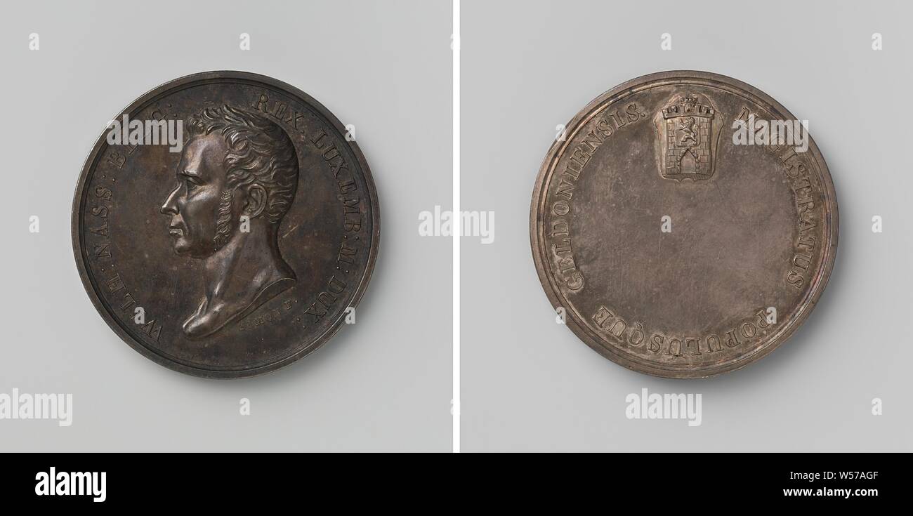 Ville de Jodoigne, en l'honneur de Guillaume Ier, roi des Pays-Bas, médaille d'argent. A l'avant : le buste de l'homme à l'intérieur de l'intérieur. Inverse : champ vide dans wpaenschild dans circonférence, Jodoigne, Frederik Willem I (Roi des Pays-Bas), Jean Henri Simon, Bruxelles, 1820, de l'argent (métal), frappant (métallurgie), d 4,6 cm × W 542 Banque D'Images