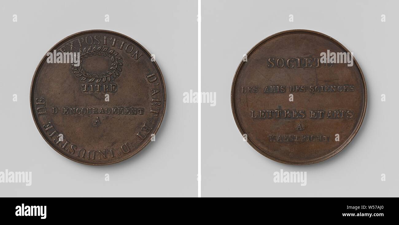 Exposition d'art et produits artisanaux à Maastricht, médaille de bronze. A l'avant : couronne de laurier au-dessus de l'inscription au sein de l'inscription. Inverse : inscription, Maastricht, Pays-Bas, anonyme, 1834, bronze (métal), frappant (métallurgie), d 3,8 cm × W 21,52 Banque D'Images