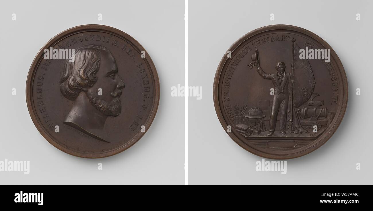 La construction navale et du transport maritime, en l'honneur de Guillaume III, Roi des Pays-Bas, médaille de bronze. A l'avant : le buste de l'homme à l'intérieur de l'intérieur. Inverse : Dutch marin avec chapeau en main droite et d'un drapeau dans la main gauche, au milieu du navire permanent cannon, de l'ancre, la fusée de balles de marchandises, instruments de navigation, globe, sextant, boussole à la case, books, roulé des cartes et directions au sein d'olive circonférence, Willem III (Roi de France), David van der Kellen (1804-1879), Utrecht, 1849, bronze (métal), frappant (métallurgie), d 6,9 cm × w 172,74 Banque D'Images