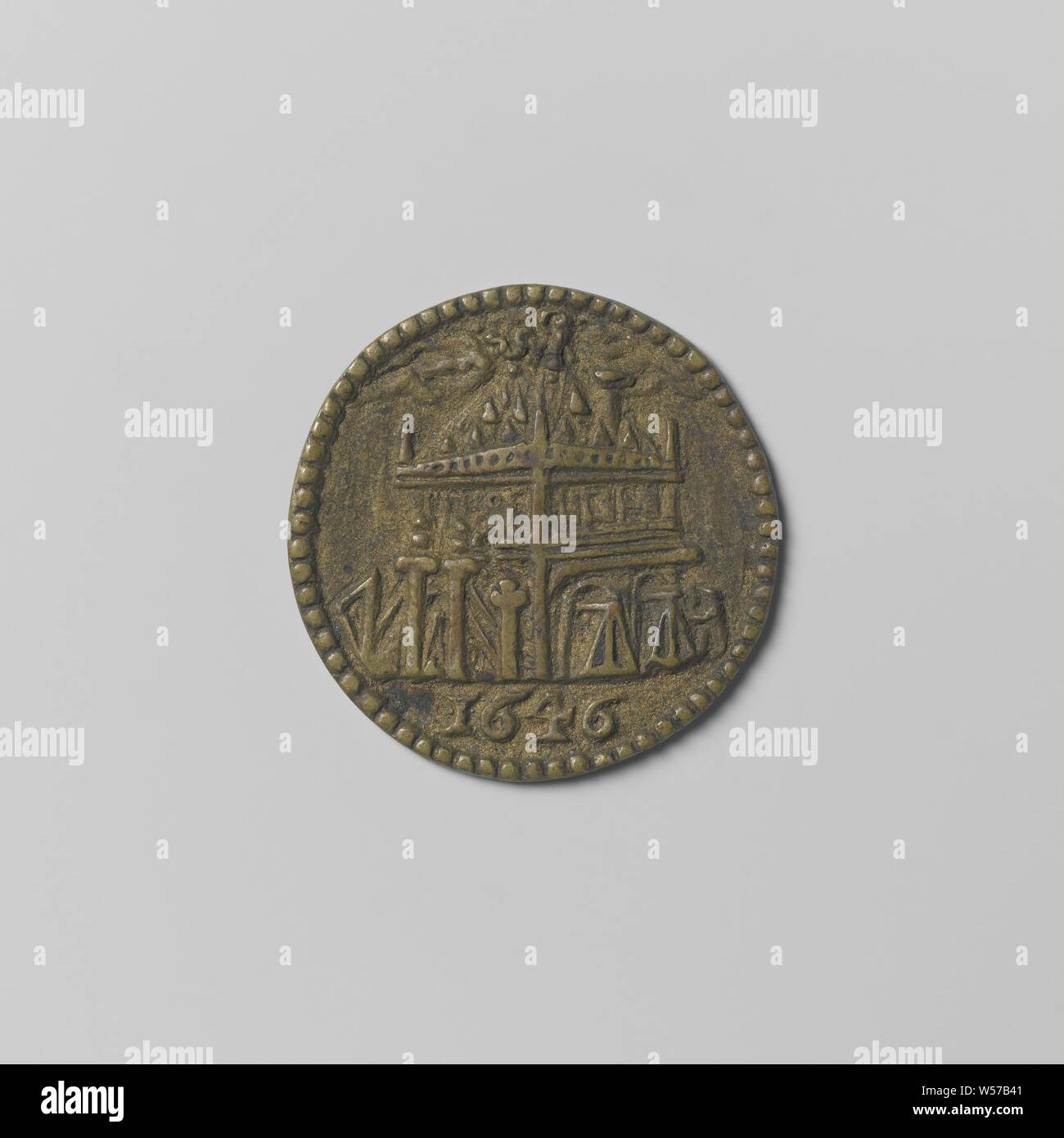 Waagragersgilde d'Amsterdam, de jeton de guilde les libéraux avec no 78, médaille en laiton. A l'avant : vue sur le bâtiment Waag à Amsterdam au-dessus de l'année. Inverse : chiffres 78, Amsterdam, anonyme, 1646, le laiton (alliage), gravure, d 2,6 cm × W 4,64 Banque D'Images