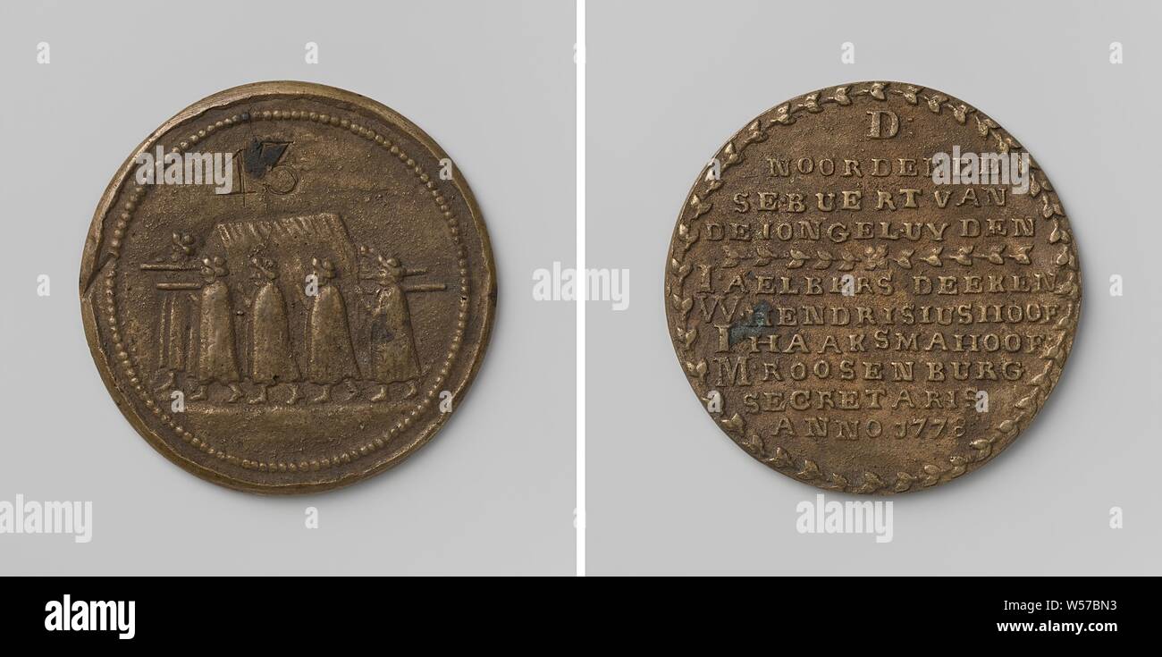 Noordeinde quartier à La Haye, de la médaille funéraires juvéniles avec no 13, médaille en laiton. A l'avant : six hommes avec apparemment sous le numéro 13 à l'intérieur d'un pearl rim. La marche arrière : l'inscription d'une guirlande, Aelbers Noordeinde, I. W., Hendrisius, I. Haaksma, M. Roosenburg, anonyme, La Haye, 1778, le laiton (alliage), gravure, d 5,2 cm × W 36,11 Banque D'Images