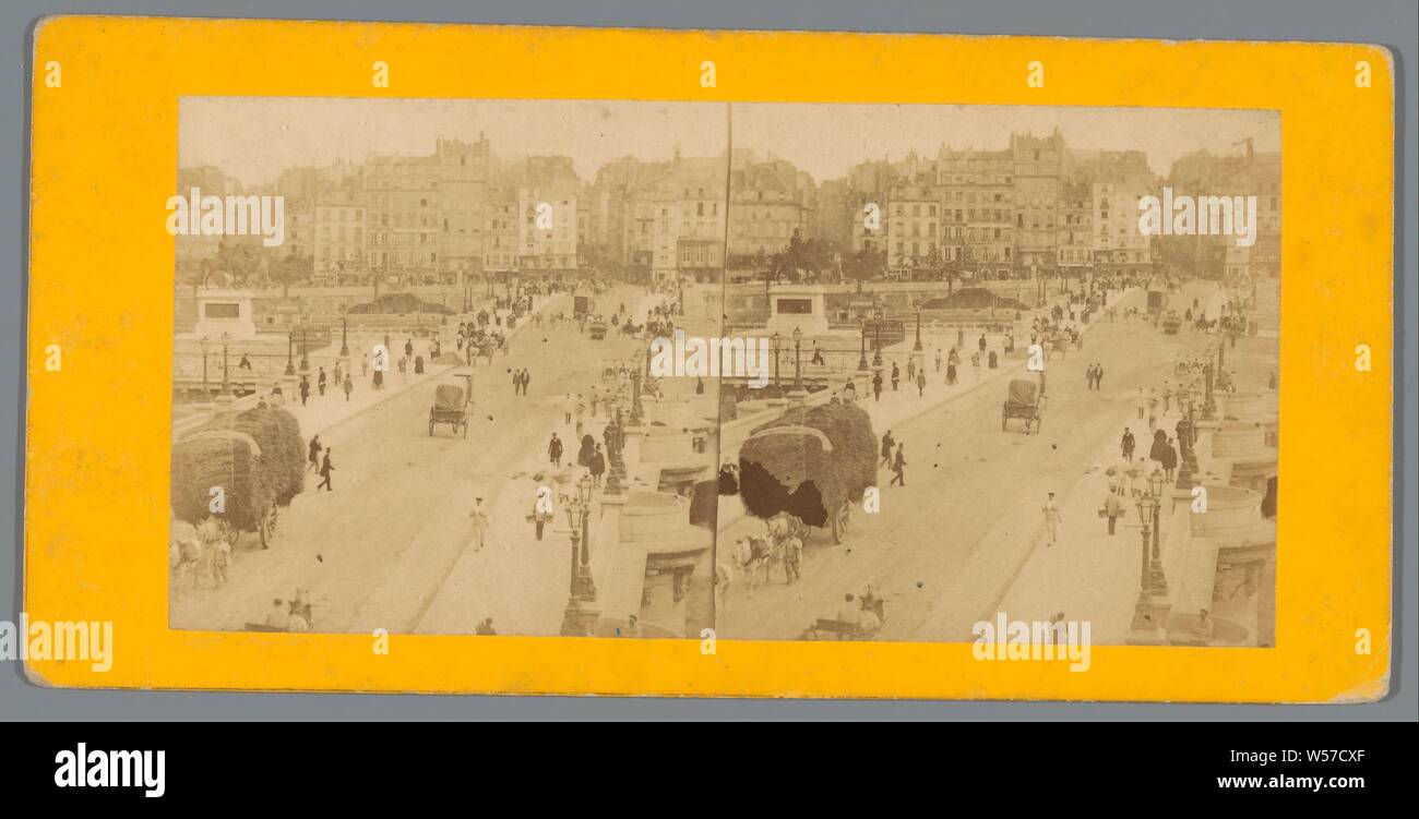 Vue sur le Pont Neuf à Paris, pont de l'ensemble de la ville, rivière, canal, etc, deux-roues, véhicule à traction animale, Pont Neuf, anonyme, Paris, ch. 1850 - c. 1880, du papier photographique, carton, à l'albumine, h 85 mm × W 173 mm Banque D'Images