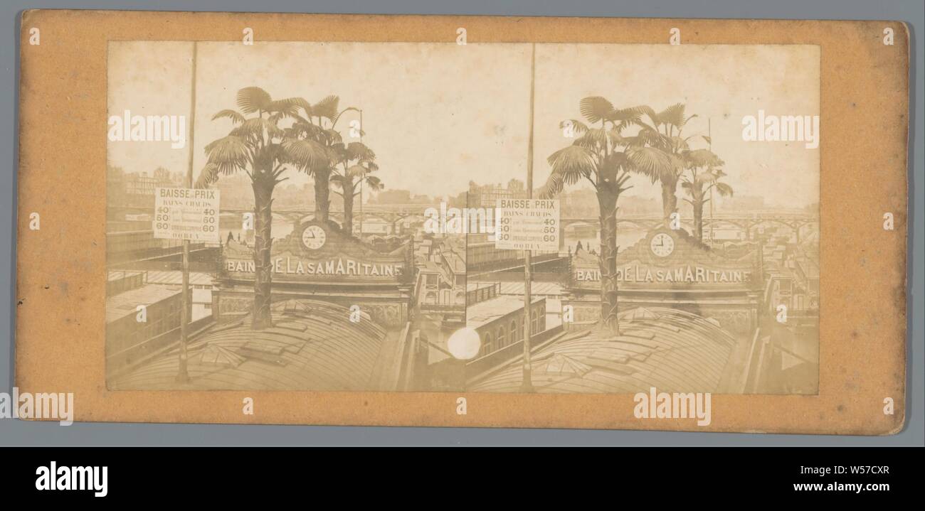 Les Bains de la Samaritaine près de Pont Neuf à Paris, des bains publics, des arbres : palmier, Paris, anonyme, c. 1850 - c. 1880, du papier photographique, carton, à l'albumine, h 81 mm × W 175 mm Banque D'Images