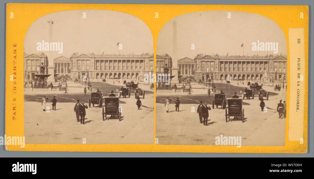 Vue sur la Place de la Concorde à Paris, Place de la Concorde (titre sur l'objet), Paris Instantane (titre de la série sur l'objet), carré, place, cirque, etc, l'obélisque, aiguille, deux roues, véhicules à traction animale, de la Place de la Concorde, anonyme, Paris, ch. 1850 - c. 1880, du papier photographique, carton, à l'albumine, h 87 mm × W 178 mm Banque D'Images