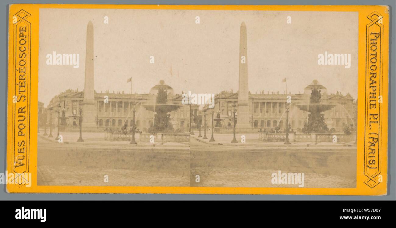 Vue sur la Place de la Concorde à Paris avec une fontaine et l'obélisque de Louxor, Vues pour Stérécope (titre de la série sur l'objet), fontaine ornementale, l'obélisque, aiguille, square, place du cirque, etc, de la Place de la Concorde, PL (mentionné sur l'objet), ch. 1850 - c. 1880, du papier photographique, carton, à l'albumine, h 88 mm × W 177 mm Banque D'Images