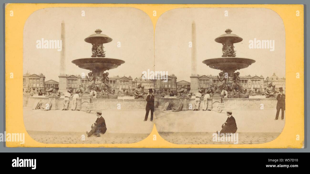 Vue de la Fontaine des mers et l'obélisque de Louxor, Place de la Concorde à Paris, l'obélisque, aiguille, fontaine ornementale (paysage urbain avec des chiffres, staffage), carré, place, cirque, etc, de la Place de la Concorde, anonyme, Paris, ch. 1850 - c. 1880, du papier photographique, carton, à l'albumine, h 83 mm × W 172 mm Banque D'Images