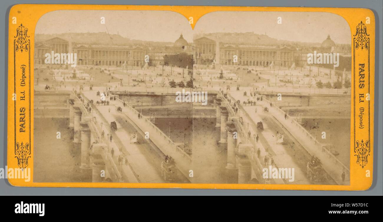 Vue sur le Pont de la Concorde, de la Place de la Concorde et de la Madeleine à Paris, Paris (titre de la série sur l'objet), dans l'ensemble de la ville de pont, rivière, canal, etc, square, place, cirque, Place de la Concorde, Pont de la Concorde, La Madeleine, HJ (mentionné sur l'objet), Paris, ch. 1850 - c. 1880, du papier photographique, carton, à l'albumine, h 86 mm × W 173 mm Banque D'Images