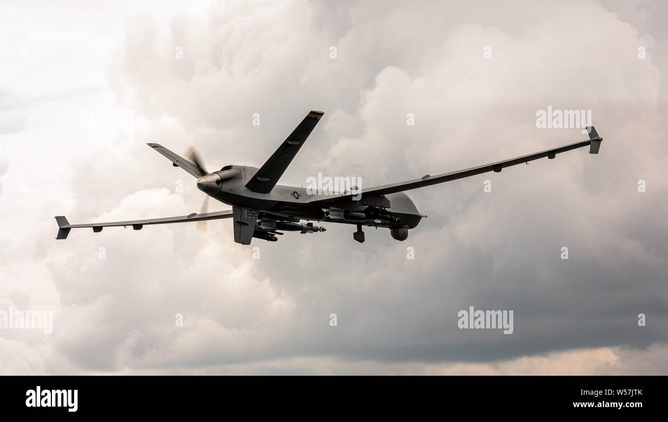 Un U.S. Air Force MQ-9 Reaper en vol de drones au cours d'une sortie de formation à l'exercice Northern Strike 19 au Alpena préparation au combat le 24 juillet 2019 Centre de Alpena, Michigan. Banque D'Images