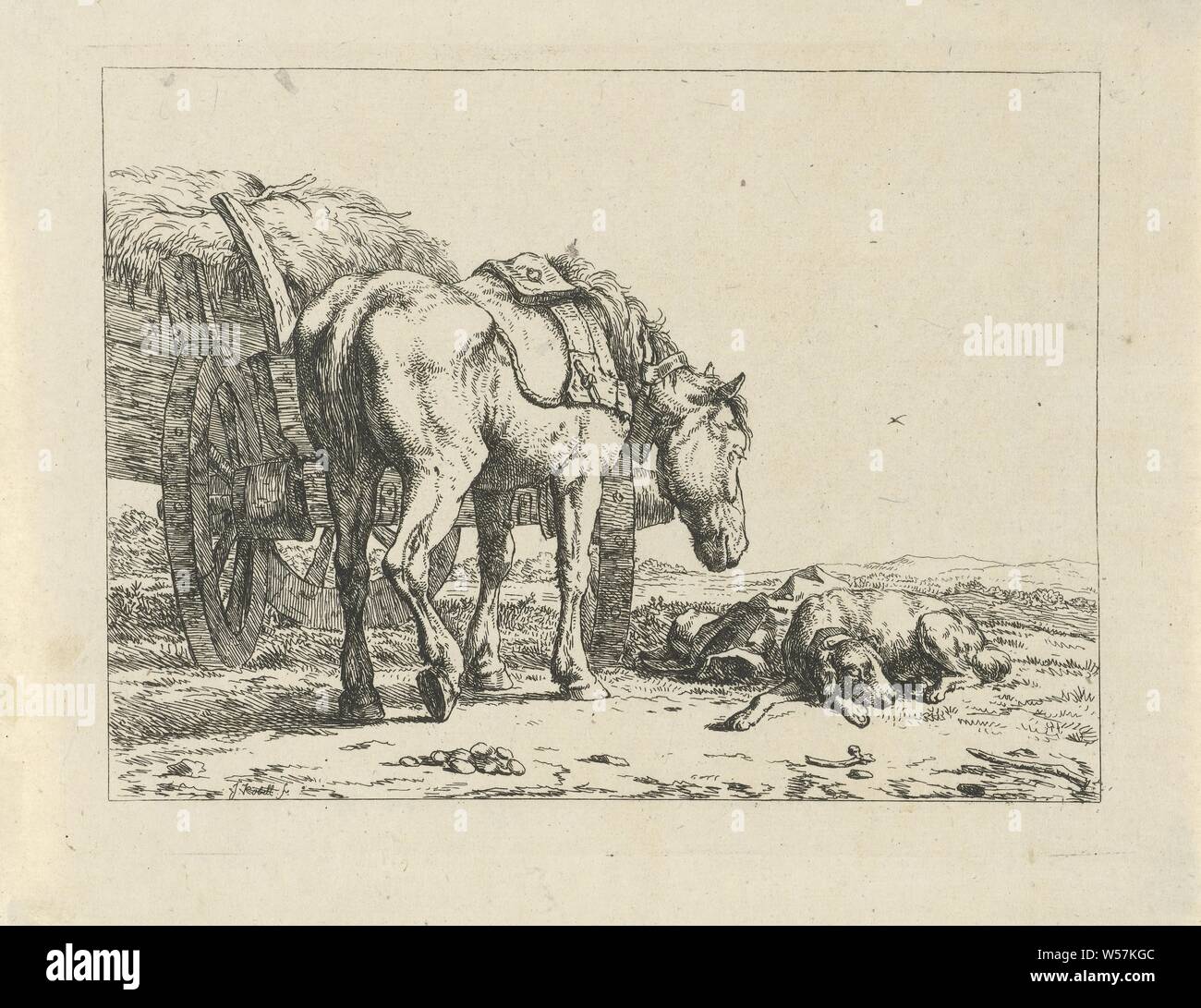 Cheval et chien à une charrette de foin, dans un paysage vallonné est une charrette de foin avec un cheval à côté, vu de derrière. À côté du cheval un chien mignon, chien, cheval, charrette à foin, paysages, Jan (II) Ange (mentionné sur l'objet), 1788 - 1814, le papier, gravure, h 126 mm × W 168 mm Banque D'Images