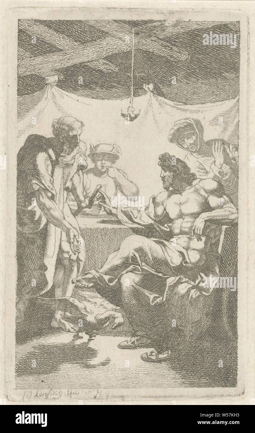 Jupiter et mercure avec Philémon et Baucis, Jupiter et mercure s'asseoir à table dans la maison du vieux couple Philémon et Baucis. Philémon tente d'attraper une oie fuyant mais Jupiter l'arrête, (Histoire de) Le mercure (Hermes), (Histoire de) Neptune (Poseidon), (Histoire de) Philémon et Baucis, François Joseph Lonsing (mentionné sur l'objet), 1749 - 1799, le papier, gravure, h 116 mm × w 71 mm Banque D'Images