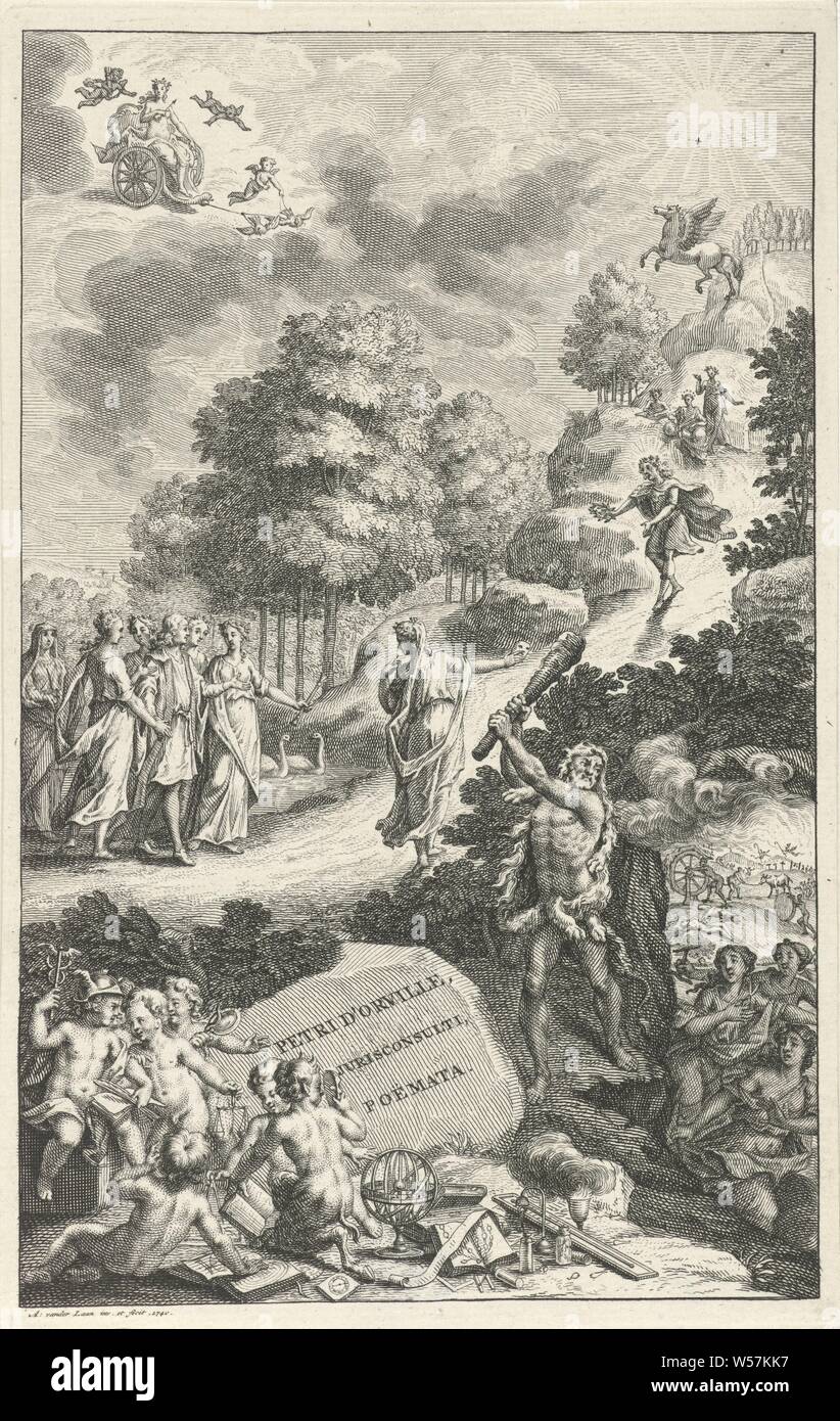 Apollo vient de la page de titre de Parnassus : P. Orville, Poemata, 1740, un homme entouré de muses montres Apollo descendent du Parnasse à célébrez-le. Sur le Parnasse Il existe trois muses et d'un Pégase cabré. Dans l'avant-plan putti avec des attributs de la science et des arts, sur la droite avec son fouet Hercules club au costume trois déesses assis en face de l'entrée du Tartare. Dans l'air, venus, en compagnie de putti, est tiré sur sa victoire panier par deux pigeons, Apollon et les Muses, Apollon Musagetes, Parnasse, sacrée à Apollon Musagetes, Pegasus, the winged Banque D'Images
