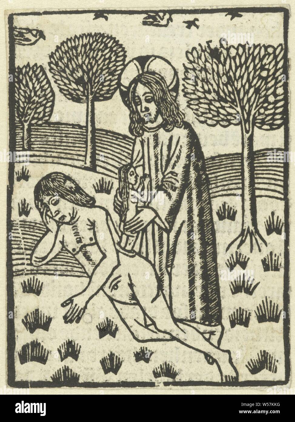 La création d'Ève, Page d'un livre. Dieu prend Eve à partir de la Côte d'Adam endormi. Des oiseaux et des arbres en arrière-plan., Eve est façonné à partir de la côte d'Adam, anonyme, Leiden (éventuellement), 1490 - 1510, papier, h 86 mm × w 64 mm Banque D'Images