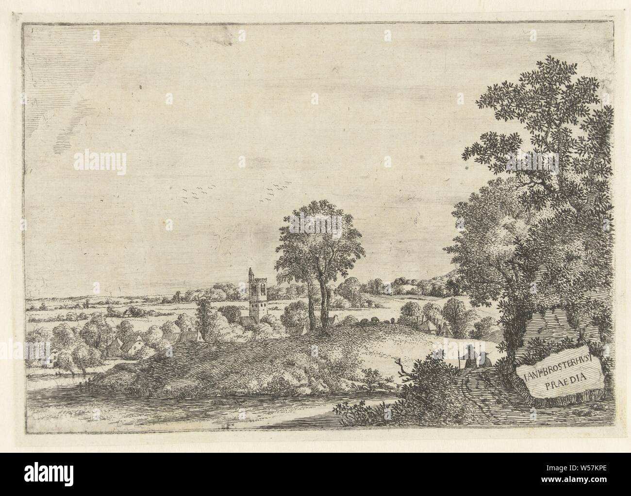 Paysage avec deux hommes sur un chemin de terre et une vue d'un village des paysages (titre de la série), perspective de village, silhouette de village, Jan van Brosterhuyzen (mentionné sur l'objet), Pays-Bas, 1610 - 1650, le papier, gravure, h 162 mm × W 235 mm Banque D'Images